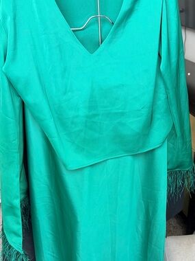 Wayf Long Sleeve Teal V-Neck Dress with Feather Cuff